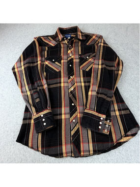 WRANGLER Western Overshirt M/L Pearl Snap Heavy vintage Plaid Black Tan Red USA